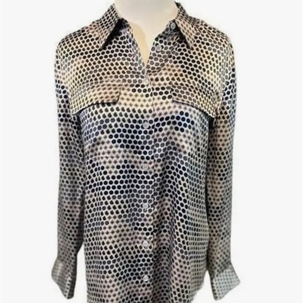 EQUIPMENT Signature Femme Silk  Grays/Blues Dot Print Button down Blouse Large.